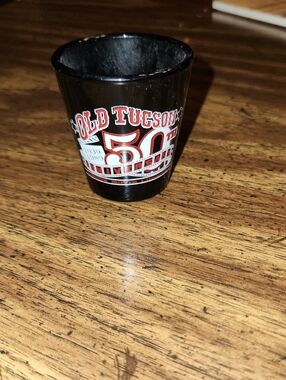 Black Souvenir Shot Glass with Red & White 50th Anniversary Graphics